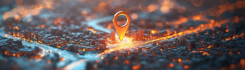 Geofencing technology visualized in a miniature city model, with a geo pin representing its impact on urban marketing, logistics, and security, highquality, futuristic 8K render