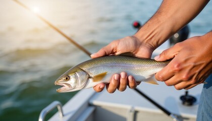 Obraz premium Fisherman holding freshly caught fish on a boat with fishing rod at sunset.