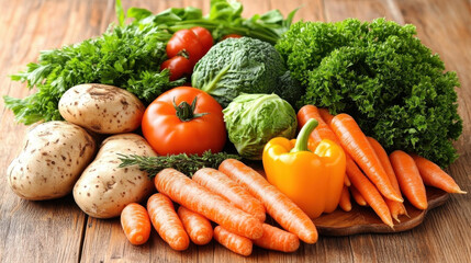 Discover a vibrant display of fresh vegetables including carrots, bell pepper, and herbs, ideal for creating healthy recipes and culinary inspiration