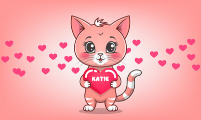 Vector cartoon cute beautiful beloved little kitten, hugs heart. Amour and feelings. Gentle kind domestic kitty. Declaration of love Katie. Congratulatory holiday card. Valentines Day, wedding