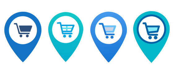 Shopping Cart Location Pin Vector Set, Online Store & E-Commerce Map Icon