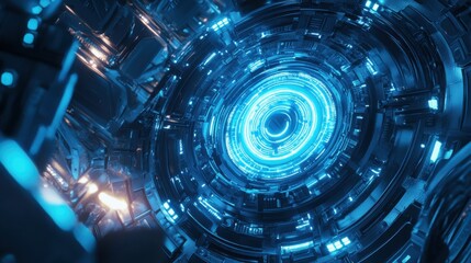 Obraz premium Quantum Processor Glowing with Neon Blue Qubits