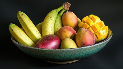 A bowl filled with a variety of ripe tropical fruits, including mangoes and bananas.