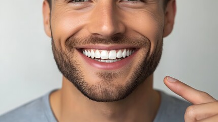Naklejka premium Smiling Man Pointing at His Gleaming Teeth in Dental Advertisement