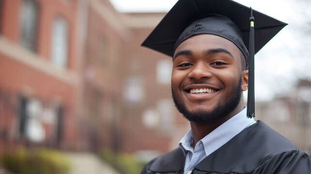 a young smile man wearing a black graduation cap and gown.
