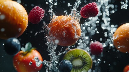 Surrealing floating fruits, including apples, oranges, grapes, blueberries, etc., are suspended against a black background, accompanied by dramatic light and shadow, splashing water, and ice shards.