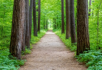 Obraz premium Sunlit Forest Path A Tranquil Walkway Through Lush Green Trees