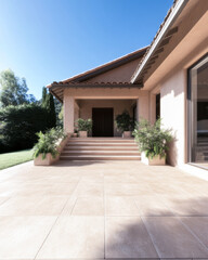 Fototapeta premium Modern villa entrance with landscaped surroundings on a sunny day