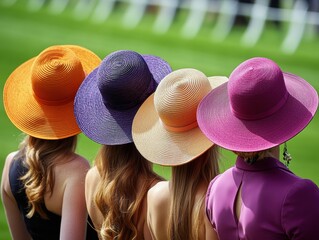Four women attend horse racing event with colorful large brim hats in ascot, england on a sunny afternoon