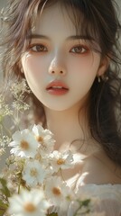 Young woman poses gracefully with white flowers, displaying a soft aesthetic with light skin tones and gentle features