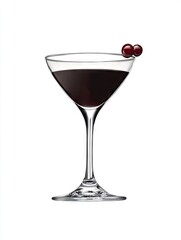 Dark cocktail garnished with cherries, isolated on white