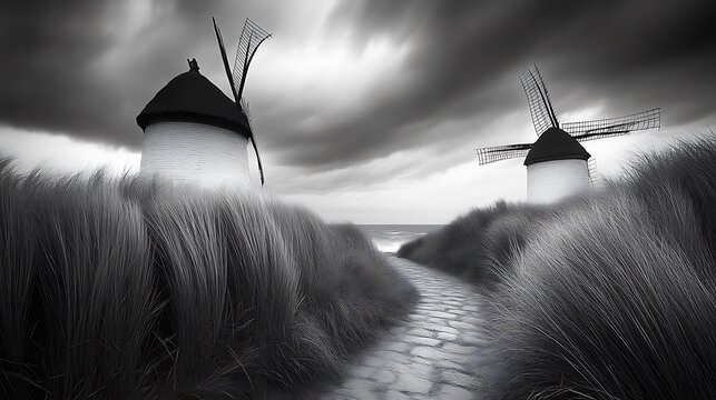 Two White Windmills Stand Amongst Coastal Grasses Beneath Cloudy Skies