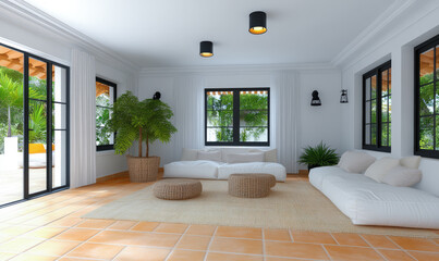 Fototapeta premium Modern living room with natural light and minimalist decor in a tropical setting