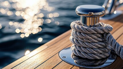 Thick mooring rope securely tied to a yacht’s bollard on a sunlit wooden deck, symbolizing maritime adventure and seafaring luxury. Perfect for travel, sailing, and nautical themes.