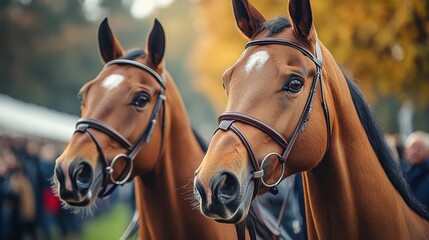 Obraz premium Two chestnut horses stand together, wearing bridles, waiting for a horse show event with crowd in the background
