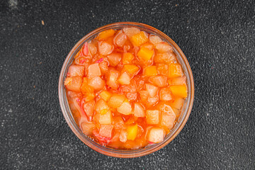 Fruits in syrup organic fruit and berries sweet dessert tasty fresh delicious gourmet food background on the table rustic food top view copy space