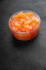 Fruits in syrup organic fruit and berries sweet dessert tasty fresh delicious gourmet food background on the table rustic food top view copy space