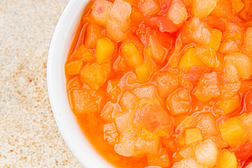 Fruits in syrup organic fruit and berries sweet dessert tasty fresh delicious gourmet food background on the table rustic food top view copy space