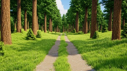 Obraz premium Sunlit Path Through Lush Green Forest with Tall Trees and Wildflowers