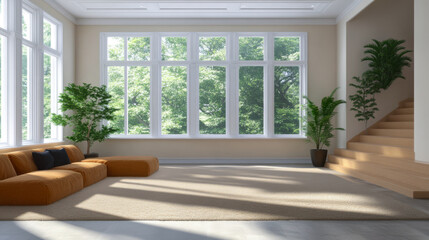 Fototapeta premium Spacious living room with large windows and natural light in a modern home