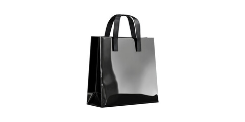 Shiny black shopping bag with handles isolated on transparent background