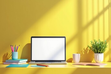 Fototapeta premium Sunny workspace with laptop and supplies