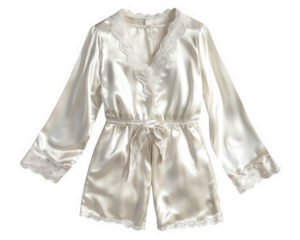 Elegant silk pajama set featuring lace detailing on neckline and sleeves, perfect for luxurious night in or cozy morning