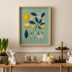 Interior design of easter living room with mock up poster frame, wooden sideboard, hare sculpture, bowl with lemon, pitcher. cube,  beige wall with stucco and personal accessories. Home decor Template