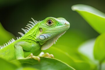 Fototapeta premium Vibrant Green Iguana Closeup in Stunning Detail / Reptile Beauty: Closeup of a Young Green Iguana / iguana on a tree
