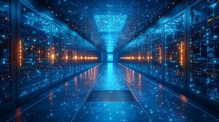 Obraz premium Futuristic server room with quantum-resistant encryption protecting cloud data