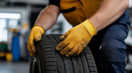 Fototapeta premium Close range shooting of a mechanic changing tires at a car repair shop, holding tools tightly with gloved hands, soft lighting highlighting texture, and blurred background presenting garage elements.
