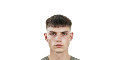 Portrait of young man with short haircut and neutral expression isolated on transparent background