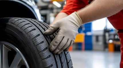 Obraz premium Close range shooting of a mechanic changing tires at a car repair shop, holding tools tightly with gloved hands, soft lighting highlighting texture, and blurred background presenting garage elements.