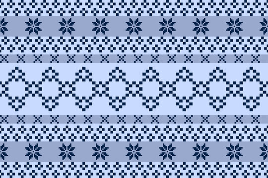 Pixel Christmas Pattern with  Snowflake Icons on blue Background,Nordic and Scandinavian Style,Ideal for Gift Wrapping,Sweaters,Fabric,Border,Banner and Digital Art Projects During the Holiday