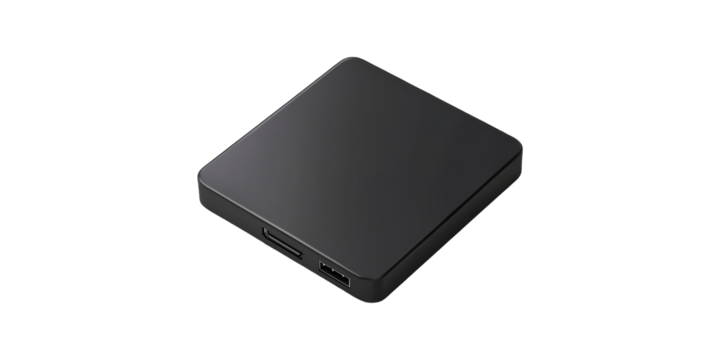 External hard drive enclosure with usb and hdmi ports isolated on transparent background
