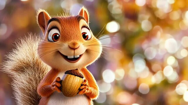 Happy squirrel cartoon character enjoys an acorn against a backdrop of glowing bokeh