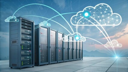Fototapeta premium A modern data center with servers connected to cloud technology, illustrating the concept of cloud computing and digital infrastructure.