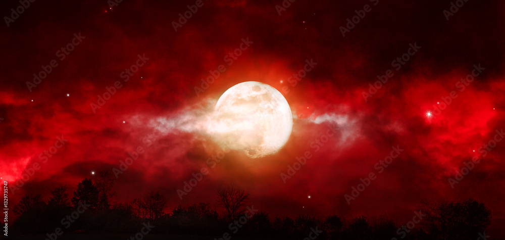 Wall mural full moon night sky with abstract clouds and trees.