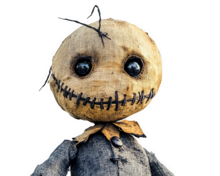 voodoo style doll with stitched mouth and pinned limbs, evoking sense of mystery and intrigue. Its unique design features burlap texture and button eyes