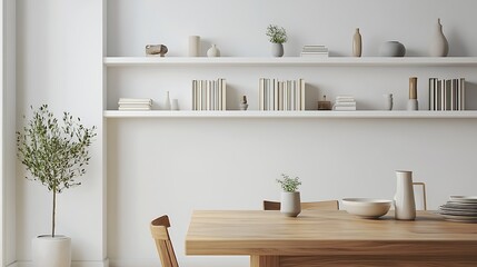 A serene Japandi-style dining room combining minimalist functionality with warm natural elements. Open wooden shelves hold carefully curated books, bonsai plants, and handcrafted ceramics, harmonizing