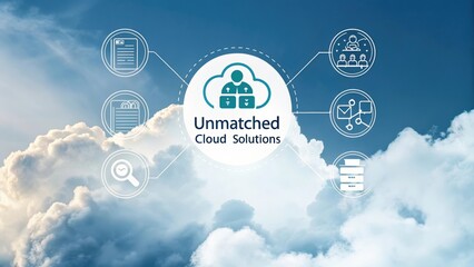 A cloud-themed graphic illustrating "Unmatched Cloud Solutions" with icons representing various digital services and technologies.