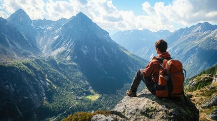 Fototapeta premium A hiker resting on a rock, gazing at a breathtaking mountain view.