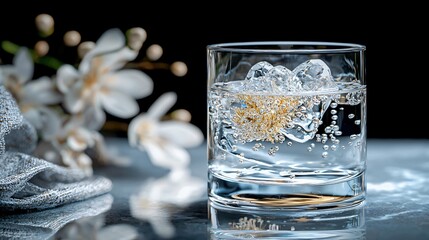 Sparkling glass of beverage with ice and bubbles on elegant reflective surface with floral backdrop
