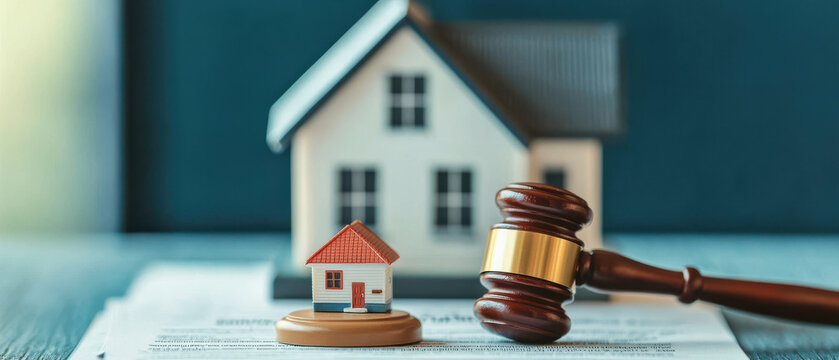 Tax Lien and Property Ownership Concept, small house figurine and gavel on legal documents symbolize property law