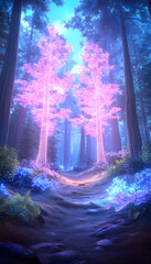 Obraz premium Enchanting path through a mystical forest, glowing trees, vibrant colours