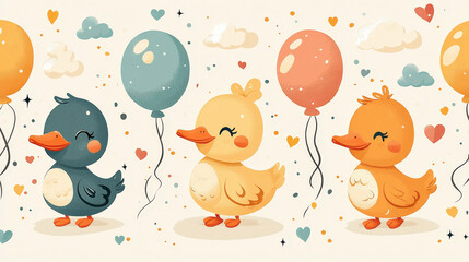 Naklejka premium Playful cartoon ducks with balloons whimsical scene digital illustration cheerful atmosphere bright colors