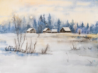 Winter village in the early evening