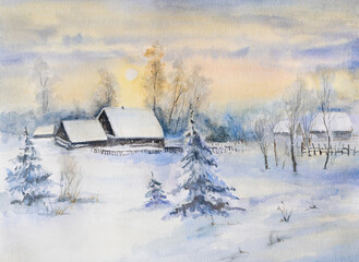 Lunar winter landscape with a village street