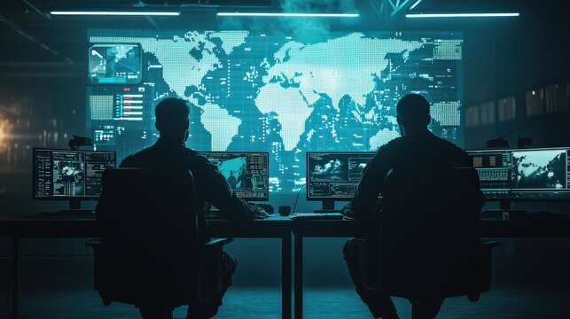 Cybersecurity experts monitor a digital world map on screens, showcasing network activity and data analysis in a high-tech control center environment.