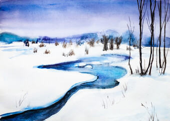 Unfrozen stream in winter